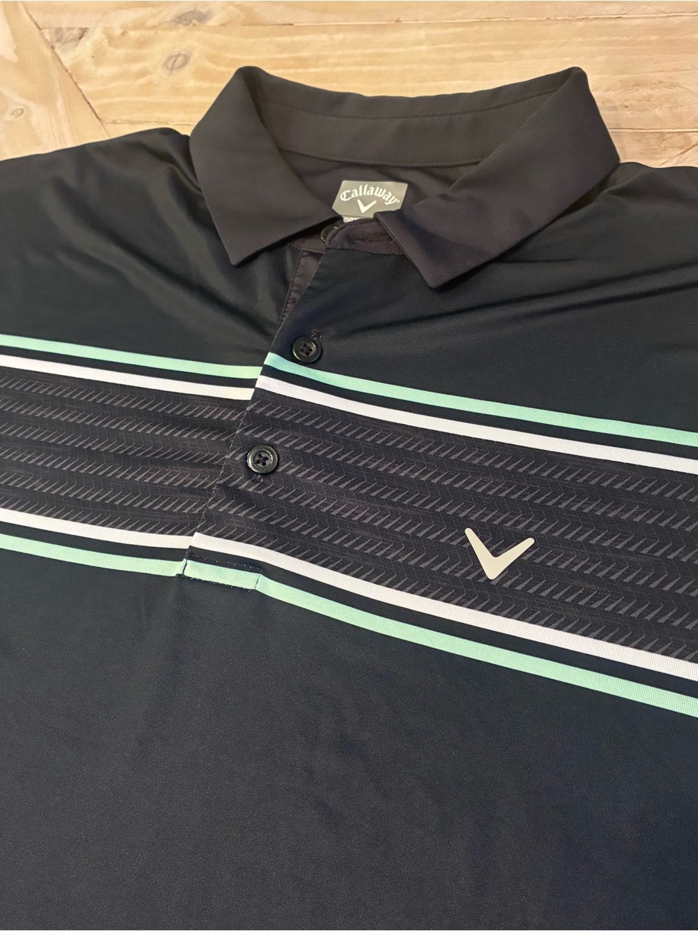 Callaway Black Polo with Mint and White Chest Stripes